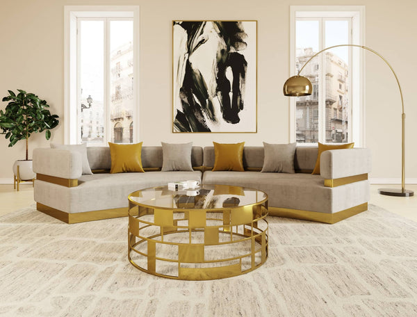 Divani Casa Kiva Glam Beige and Gold Fabric Sectional Sofa - MONAVILLA