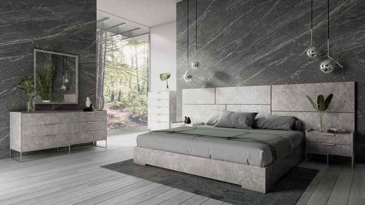 Nova Domus Marbella Italian Modern Grey Marble Bed with 2 Nightstands - MONAVILLA