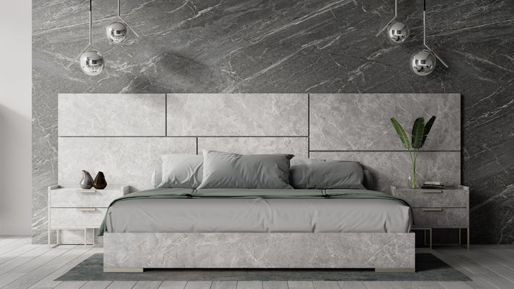 Nova Domus Marbella Italian Modern Grey Marble Bed with 2 Nightstands - MONAVILLA