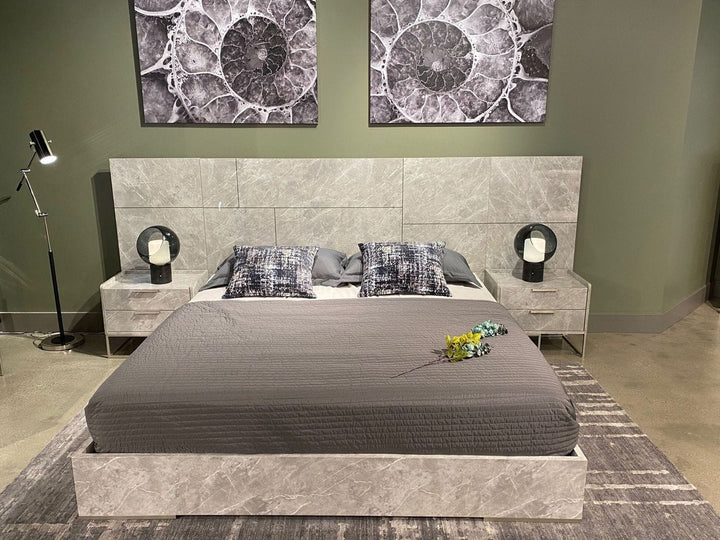 Nova Domus Marbella Italian Modern Grey Marble Bed with 2 Nightstands - MONAVILLA