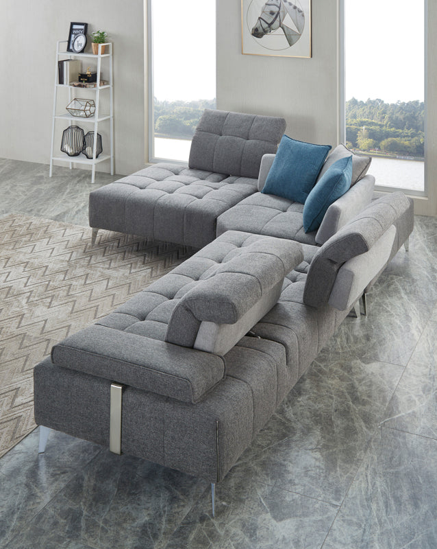 Divani Casa Nash Modern Grey Fabric Sectional Sofa Adjustable Backrest - MONAVILLA