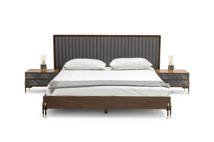 Nova Domus Metcalf Mid Century Walnut & Grey Bed with Two Nightstands - MONAVILLA