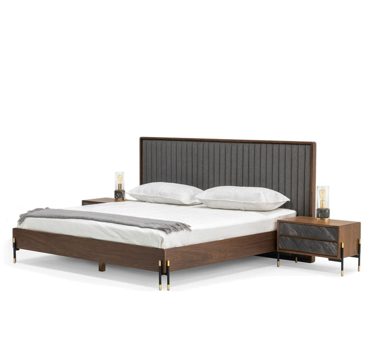 Nova Domus Metcalf Mid Century Walnut & Grey Bed with Two Nightstands - MONAVILLA