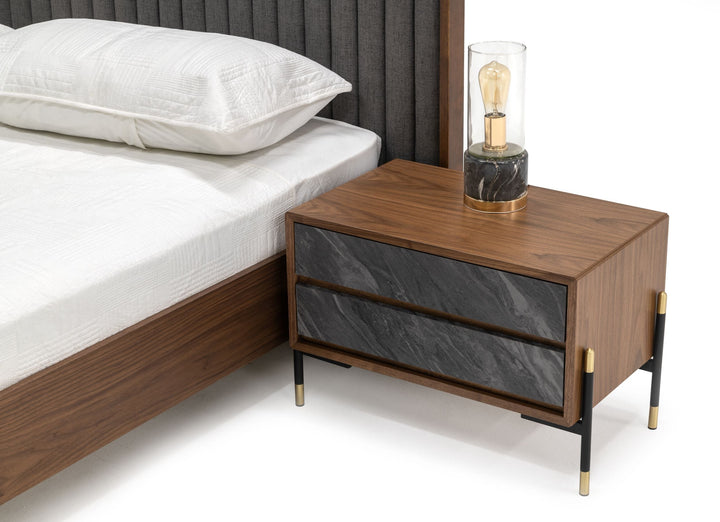 Nova Domus Metcalf Mid Century Walnut & Grey Bed with Two Nightstands - MONAVILLA