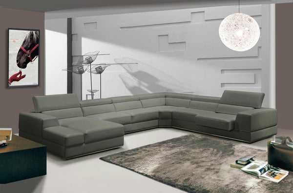 Divani Casa Pella Modern Grey Italian Leather U Shaped Sectional Sofa - MONAVILLA