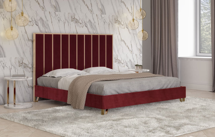 Divani Casa Reyes Modern Red Velvet & Gold Eastern King Bed - MONAVILLA