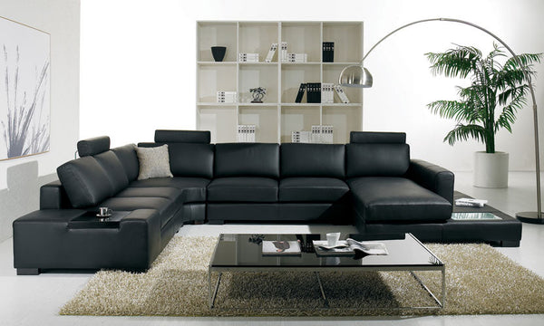 T35 Modern Black Genuine Leather Sectional Sofa with Light - MONAVILLA